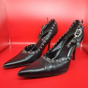 RARE Vintage Black Pleather Grommet Fashion Bug Pointed High Heels
